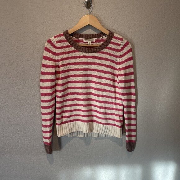 Banana Republic Womens Sweater Medium Pink Cream Stripe Cotton Chunky Knit - Picture 2 of 10